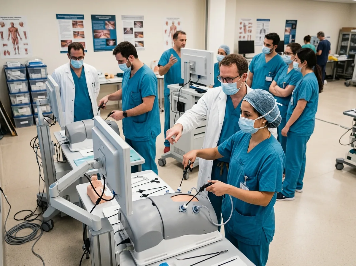 Врачи на практическом мастер-классе по хирургии отрабатывают навыки на симуляционном оборудовании